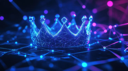 This captivating digital artwork features a luminous crown created with glowing lines and nodes, set against an abstract network background, evoking a sense of modern royalty.の素材