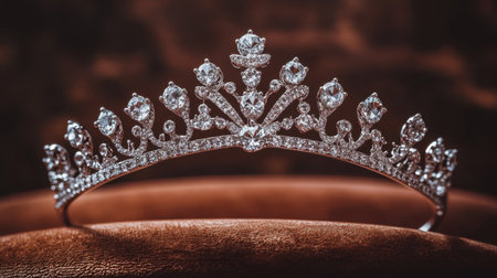 Beautiful silver tiara adorned with sparkling crystals, resting elegantly on a soft velvet surface. Perfect for bridal themes or luxurious events.の素材