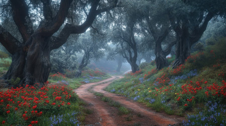 Discover a tranquil pathway winding through a misty olive grove, adorned with vibrant wildflowers, creating a serene atmosphere for nature lovers.の素材