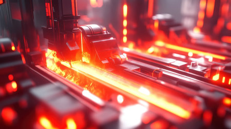 This striking image captures a futuristic industrial environment, showcasing glowing red lights illuminating high-tech machinery and a dynamic atmosphere.の素材