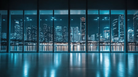 A stunning nighttime cityscape captured through a glass wall, showcasing vibrant urban lights and reflections in a modern architectural setting.の素材