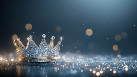 A stunning golden crown adorned with sparkling diamonds sits elegantly on a glittering surface, creating a perfect backdrop for themes of royalty and luxury.の素材