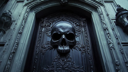 Explore a striking gothic door featuring a prominent skull knocker, showcasing intricate designs that evoke mystery and creativity. Perfect for dark decor inspiration.の素材