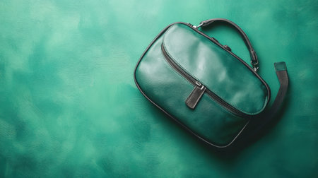 A chic teal leather bag rests on a textured green backdrop, showcasing its minimalist design and elegant craftsmanship. Ideal for stylish daily use.の素材