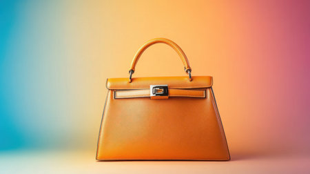 This image features a stylish orange handbag against a colorful gradient background, perfect for fashion marketing, product showcases, and attractive displays.の素材