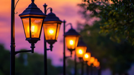 A row of vintage street lamps emits warm light against a stunning dusk sky filled with vibrant colors, creating a peaceful outdoor atmosphere.の素材