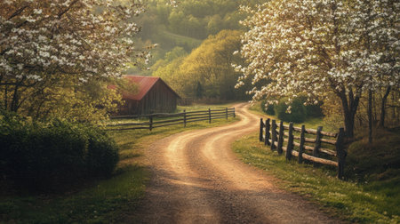 A picturesque country road gently winds through a serene landscape adorned with blooming trees, creating a tranquil atmosphere filled with natural beauty.の素材