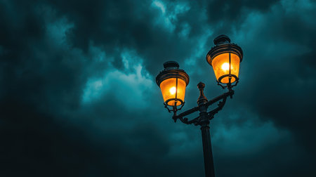 A captivating image featuring vintage street lamps glowing against a dark, dramatic sky. The moody atmosphere evokes a sense of tranquility and solitude.の素材