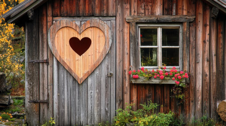 A delightful rustic cottage features a heart-shaped wooden door and vibrant flower pots, showcasing charming countryside aesthetics and inviting warmth.の素材