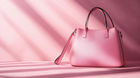 This elegant pink handbag rests on a soft pink background, casting subtle shadows that enhance its beauty. Ideal for fashion, lifestyle, and commercial designs.の素材