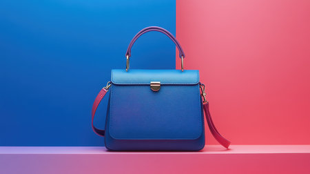 A stunning blue handbag set against a bold pink and blue background, perfect for showcasing modern fashion accessories. Ideal for retail and promotional use.の素材