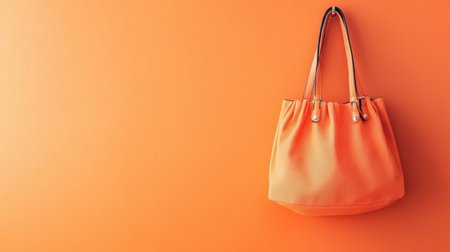 This image features a stylish orange tote bag hanging against a matching vibrant orange background, perfect for showcasing fashion accessories.の素材