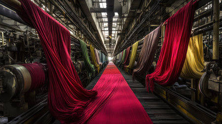 A captivating view of a textile factory showcasing colorful fabric rolls hanging alongside industrial machinery, revealing the vibrancy of textile production.の素材
