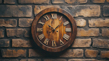 This image features a vintage wooden clock with Roman numerals, perfectly positioned against a rustic brick wall, showcasing a warm and inviting atmosphere.の素材