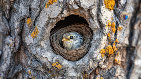 A captivating close-up image of a baby bird nestled in a natural nest inside a tree hollow, showcasing the intricate textures of tree bark and lichen.の素材