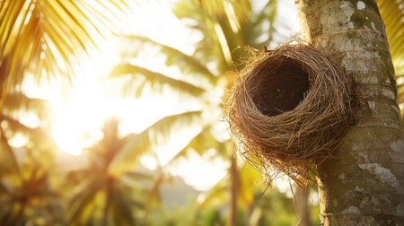 A peaceful bird nest nestled on the branch of a palm tree, surrounded by gentle sunlight and lush leaves, creating a serene and inviting natural scene.の素材