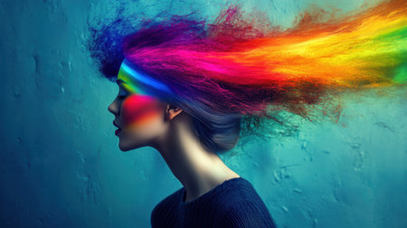 A stunning side profile portrait of a woman with vibrant, colorful hair flowing in a rainbow-like motion, showcasing artistic creativity and beauty.の素材