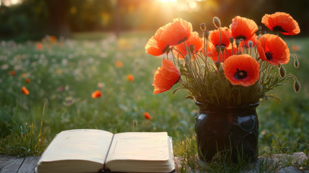 A stunning arrangement of vibrant poppies stands beside an open notebook in a sunlit field, capturing the essence of nature's beauty and creative inspiration.の素材