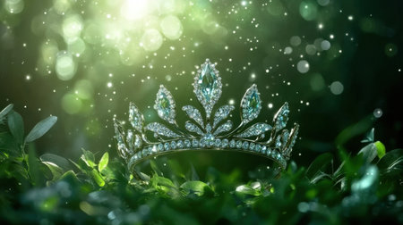 This captivating image features an elegant crown adorned with sparkling gems, nestled among fresh greenery, creating a magical and luxurious atmosphere.の素材