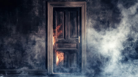 An eerie door partially engulfed in flames, surrounded by swirling smoke, creates a dramatic and suspenseful atmosphere inviting exploration and imagination.の素材