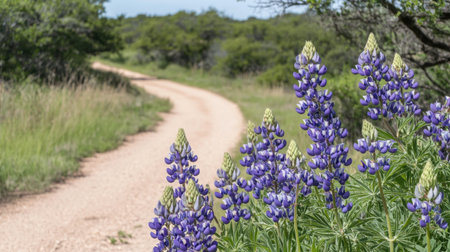 A stunning scene features clusters of vibrant purple bluebonnet flowers in full bloom, set against a winding country road in Texas during spring.の素材