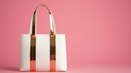 A chic white handbag featuring striking metallic gold and pink stripes against a vibrant pink background, perfect for fashion and lifestyle photography.の素材