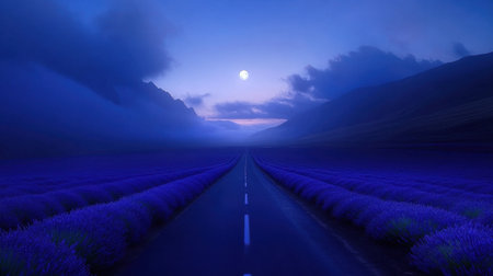 A captivating scene of a lonesome road stretching through a vibrant lavender field, illuminated by the calming glow of twilight and the moon.の素材