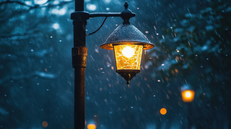 A picturesque street lantern shines softly amidst a snowy landscape at dusk. The warm glow contrasts beautifully with the cool winter ambience, creating a tranquil and enchanting atmosphere.の素材