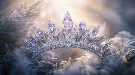 A beautiful silver tiara adorned with sparkling diamonds rests gracefully on a frosty surface, exuding elegance and charm. The shimmering backdrop enhances its enchanting aura, perfect for themes of luxury and beauty.の素材