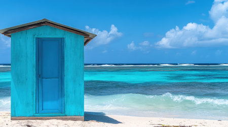 A colorful beach hut stands proudly against a backdrop of a tranquil ocean, vibrant blue sky, and fluffy white clouds, inviting relaxation and escape.の素材