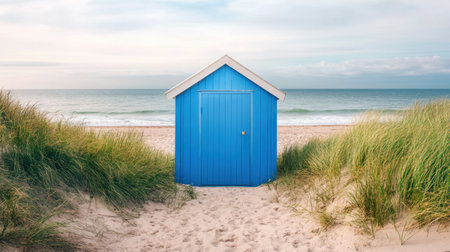 A picturesque blue beach hut stands alone on a sandy path leading to the serene ocean, flanked by vibrant grass, inviting relaxation and escape.の素材