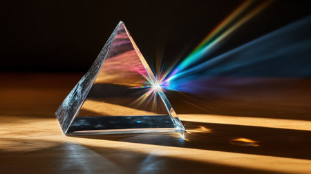 This stunning image captures a glass pyramid refracting light to create a rainbow spectrum. Perfect for projects related to science, art, and exploration of optics.の素材