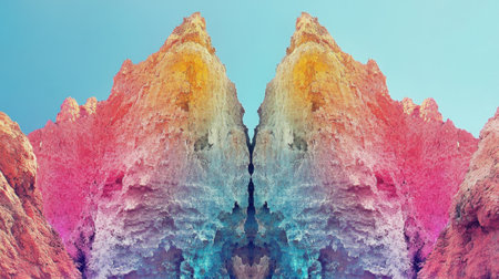 A stunning view of vibrant mountain peaks illuminated by sunlight, showcasing a colorful gradient against a clear blue sky, perfect for nature lovers.の素材