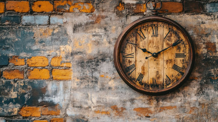 This captivating image showcases a rustic wall clock mounted on a weathered brick wall, blending vintage charm with textured aesthetics. The clock's warm wooden finish contrasts beautifully against the aged brick, creating a timeless focal point for any room.の素材