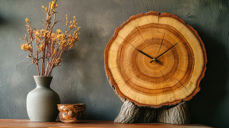 A beautifully crafted rustic wooden clock rests on a smooth table, accompanied by a delicate vase of dried flowers and a decorative bowl, creating a cozy ambiance.の素材