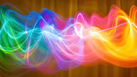 This captivating image showcases dynamic and vibrant light waves in a variety of colors, creating abstract patterns that evoke energy and motion.の素材