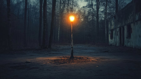 A solitary street lamp casts its warm glow over a dark and eerie forest area, surrounded by tall trees and remnants of decay, evoking mystery and solitude.の素材
