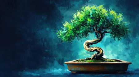 This captivating image features an elegant bonsai tree with a twisting trunk and vibrant green foliage, set against a serene blue background. Perfect for nature and tranquility themes.の素材