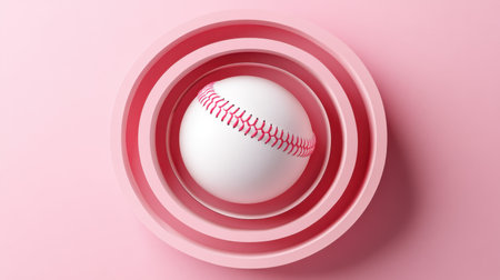 This image features a clean and minimalist representation of a baseball placed in concentric pink circles. The design captures the essence of sport and playfulness, perfect for conveying themes of youth and outdoor activities.の素材