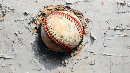 This artistic representation of a baseball embedded in a cracked surface adds a vintage charm, perfect for sports themes, artistic projects, and creative designs.の素材