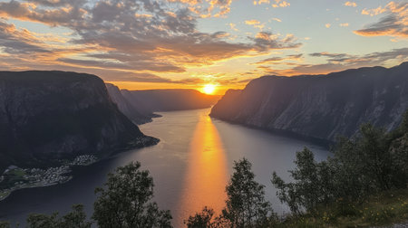 A breathtaking view of a fjord at sunset, showcasing vibrant colors reflecting on calm water, surrounded by majestic mountains and peaceful nature.の素材