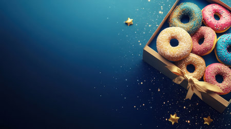 This vibrant image showcases an assortment of colorful donuts topped with sprinkles, elegantly arranged in a box with golden ribbon, perfect for celebrations.の素材