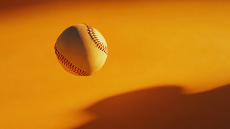A singular baseball captured mid-air against a striking orange backdrop, showcasing motion and light in a dynamic composition perfect for sports-themed projects.の素材