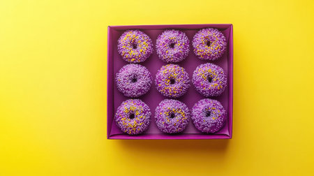 A vibrant display of nine purple donuts adorned with colorful sprinkles, beautifully arranged in a pink box against a sunny yellow background. Perfect for celebrating special moments, treating yourself, or adding a cheerful touch to any occasion.の素材