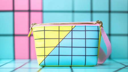 This image showcases a colorful geometric makeup bag featuring vibrant patterns of yellow, blue, and pink. Ideal for beauty enthusiasts, this stylish accessory adds an artistic touch to any collection while providing practical storage for cosmetics.の素材