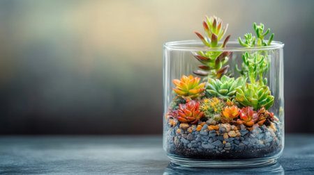 A captivating display of colorful succulents in a clear glass container filled with pebbles, perfect for adding a touch of nature to any indoor space.の素材