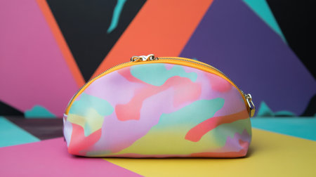 This vibrant cosmetic bag features an eye-catching abstract color pattern, perfect for organizing makeup and beauty products in style.の素材
