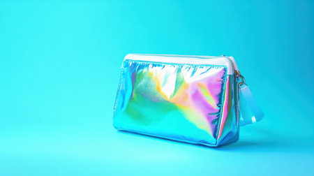 This vibrant iridescent cosmetic bag stands out against a bright blue background. Perfect for storing beauty essentials, this stylish accessory combines practicality with modern design.の素材
