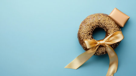 A visually appealing chocolate donut adorned with golden sprinkles and a satin ribbon, placed artistically on a pastel blue surface, perfect for celebrations.の素材