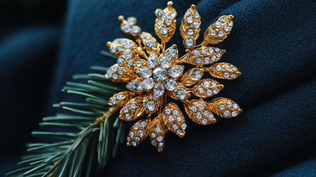 This stunning gold brooch is adorned with sparkling crystals crafted in a leaf design, showcasing elegance against a dark fabric background. Perfect for any occasion.の素材